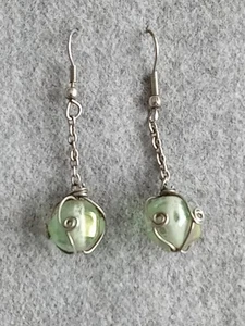 Earrings, Dangle, Green Glass Beads On Silver Wire Chain & Mount Hand Made. - Picture 1 of 8