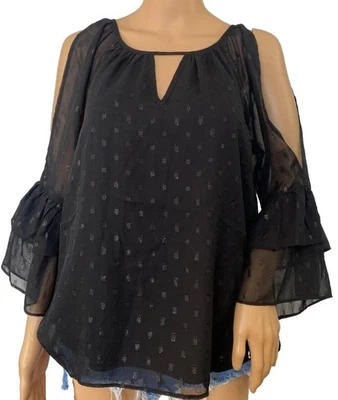 NWT iz Byer Sz L Womens Black Lined Sheer Blouse Chiffon Clip Dot Cold Shoulder - Image 1 of 4