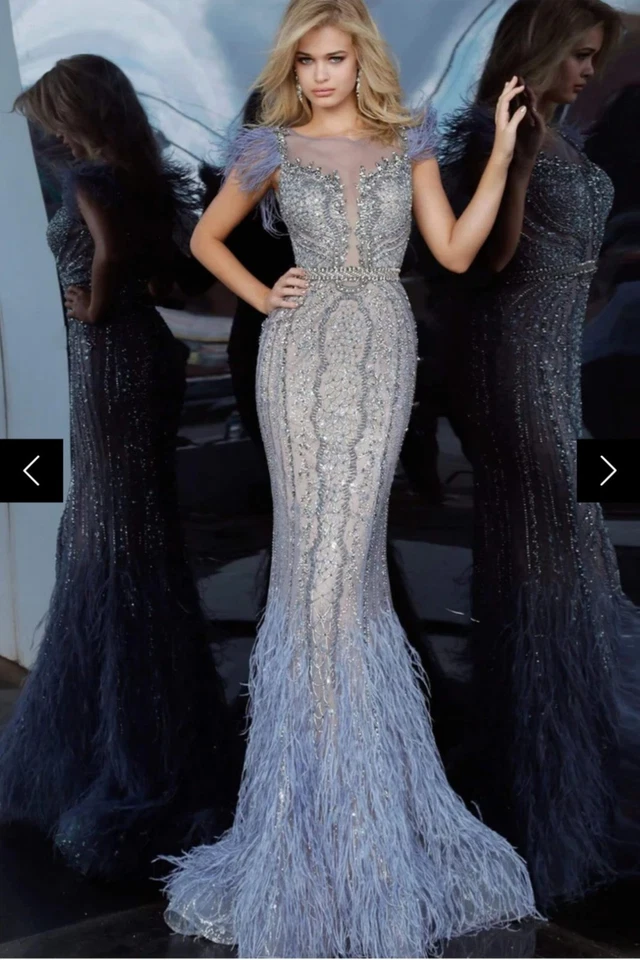 Jovani NEW Beaded Feather Embellished Illusion 02326 Gown Size 4 $1,700.00 - Image 1 of 4