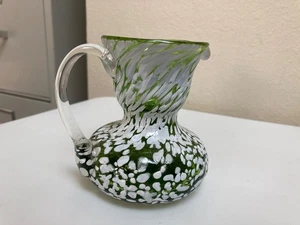 Vintage 1960s Pilgrim Art Glass Mini Pitcher Green & White Splatter Ware - Picture 1 of 6