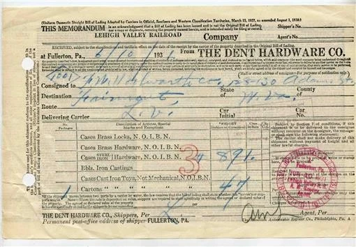 Lehigh Valley Railroad 1931 Freight Memorandum The Dent Hardware Company - Image 1 of 1