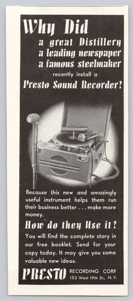 Gravador de som Presto 1938 toca-discos toca-discos impressão vintage anúncio - Imagem 1 de 1