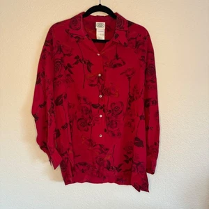 VTG Laura Ashley 8 Silk Red Rose Print Button Down Blouse Dark Romantic Vamp - Picture 1 of 7