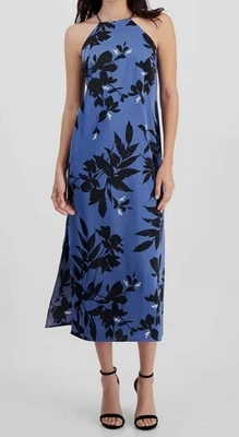 Vestido Feminino Anne Klein Azul Estampa Floral Halter Maxi Slip Tamanho 4 - Imagem 1 de 2