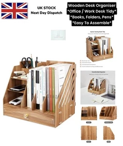 Office Storage Wooden Stationery Desk Tidy Organiser Holder Sorter Books Pens - Picture 1 of 16