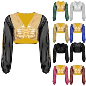 Women's Arab Princess Cosplay Crop Top Sheer Mesh Patchwork Long Sleeve Tops - Picture 1 of 41