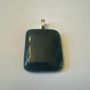 Dark Green Glass Rectangle Pendant Silver tone Bail 1 1/2 In x 1 In. No Chain - Picture 1 of 4