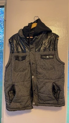 Men's Black & Grey Tweed Hooded Puffer Vest with Faux Leather Shoulders - Image 1 of 4