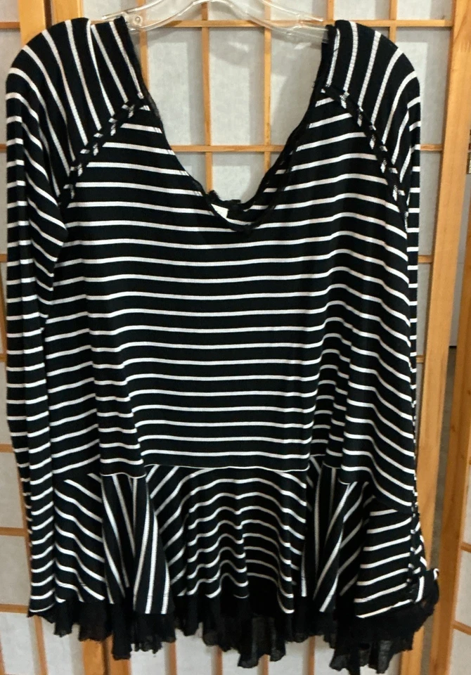 Great Free People size L black white stripe long sleeve lace shirt women - Image 1 of 3