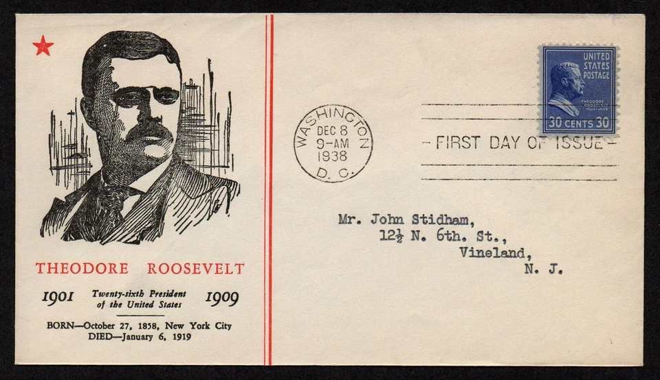 USA, SCOTT #830, LINPRINT FDC COVER 1938 PRESIDENT THEODORE ROOSEVELT, ADDRESSED - Image 1 of 1