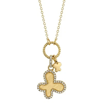 Diamond Butterfly Pendant Necklace 14K Yellow Gold Brushed 0.12CT Round Natural - Image 1 of 4