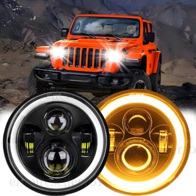 Пара круглых светодиодных фар 7 дюймов Hi/Lo с дневными ходовыми огнями Halo для Jeep Wrangler JK TJ LJ CJ - Изображение 1 из 4