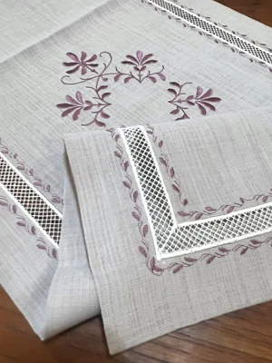 Table Top Topper Runner Needlepoint Crochet Embroidered Pink Arlette Hand Made - Image 1 of 4