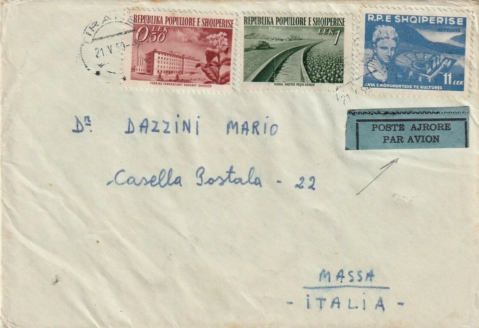 S1865-ALBANIA, TIRANA, BUSTA POSTA AEREA PER MASSA ( ITALIA), 0,50+1+11 LEK,1959 - Immagine 1 di 1