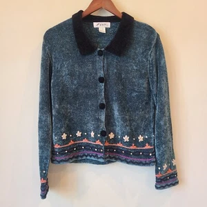 Vintage Fio USA Womens Chenille Cardigan Sweater Small Teal Floral Embroidered - Picture 1 of 9