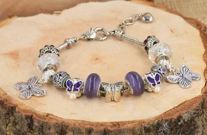 Butterfly silver purple rhinestone glass bead European charm snake bracelet - Picture 1 of 6