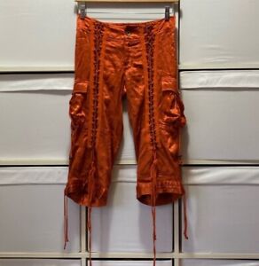 Y2K Satin Capri Pant Womens Embroidered Laced Vintage Tokyo Red Rust Size Small