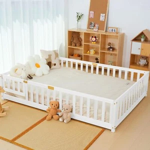 Full Size Floor Platform Bed with Fence and Door for Kids, Montessori Floor Bed - Picture 1 of 9
