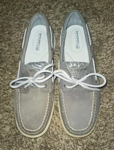SPERRY Top Sider Grey W Clear Sequin Womens Boat Shoes Size 8M EUC! - Picture 1 of 6