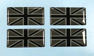 JAKEDESIGNS UNION JACK FLAG Stickers/Decal 4 x 50mm - BLACK & 2 TONE GREY - HIGH GLOSS DOMED