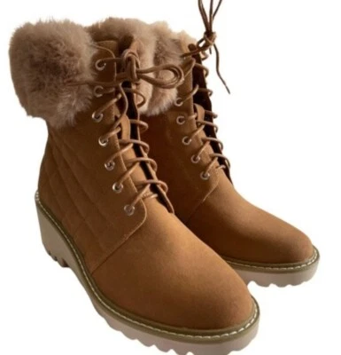 Botines Nicole Miller para mujer talla 9 con cordones y ribete de piel sintética en marrón latte Foto 1 de 4