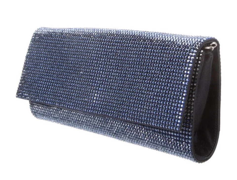Judith Leiber Crystal Satin Envelope Clutch Navy Blue Ritz Fizz New - Image 1 of 4