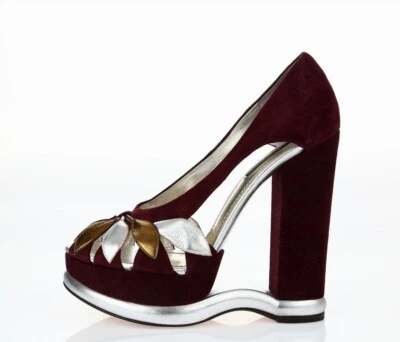 DOLCE & GABBANA plum metallic petals suede open toe cut out wedges sz. 38.5 - Image 1 of 4