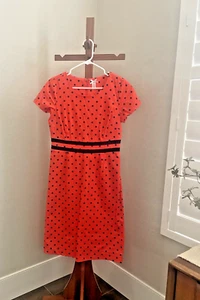 Downeast Basics Women's Coral And Navy Blue Polka Dots Dress Short Sleeve Pretty - Picture 1 of 11