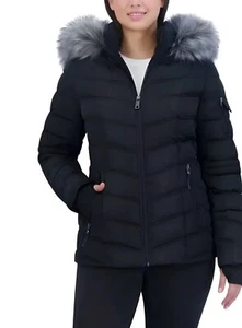 Nautica Ladies' Puffer Water Resistant With Faux Fur Hood Jacket, Black, Size: M - Picture 1 of 5