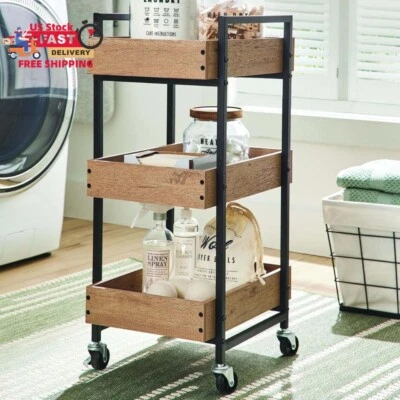 Better Homes & Gardens 3-Tier Jace Wood & Steel Rolling Utility Cart, Black - Image 1 of 4