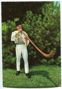 Romania 1960s Alpenhorn player of the Vrancea Mountains,rare " KRUGER" postcard - Picture 1 of 2
