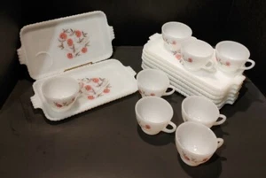 VTG FIRE KING SNACK TRAY & TEA/COFFEE MUG SET OVEN WARE FLEURETTE PINK FLOWER  - Picture 1 of 9