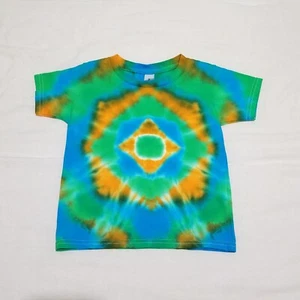 Handmade Tie Dye Green Blue & Orange Mandala Kid's Toddler T-Shirt Size 4T - Picture 1 of 4