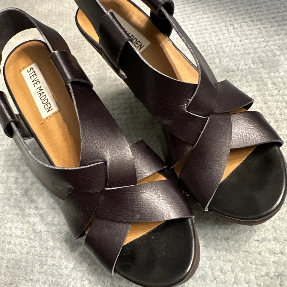 Steve Madden Piranna Cuero Negro Plataforma Cuñas Eslinga Trasera Mujer’s Talla 7.5 Foto 1 de 4