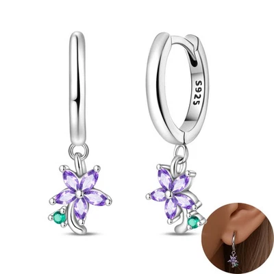 PANDACH Women Sterling Silver 925 Drop Dangle Flower Flora Hoop Huggie Earrings - Image 1 of 4