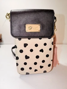 Bolso Bandolera Betsey Johnson Cadena Dorada Mini Negro Blanco Lunares Solapa Teléfono - Imagen 1 de 6