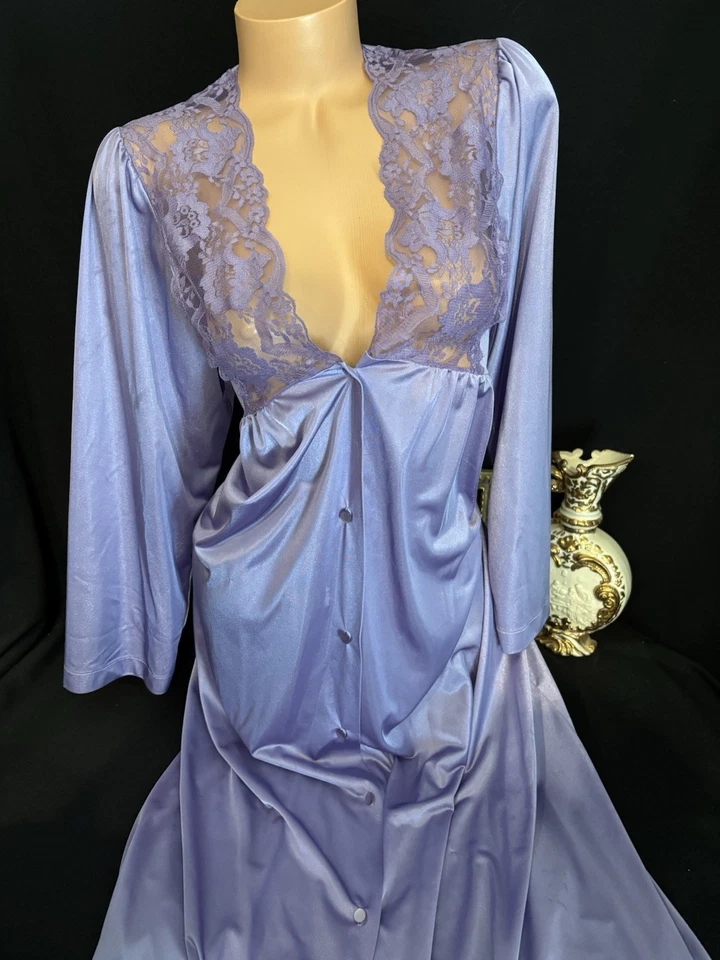 VTG SILKY Nylon Peignoir Robe Smooth Nightie Lingerie Robe olga esque w Lace - Image 1 of 4