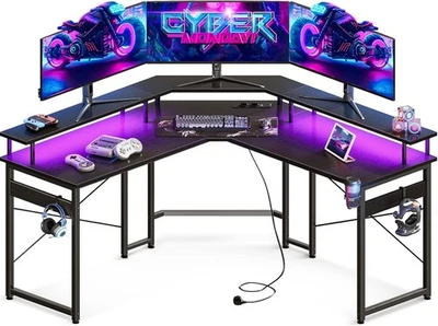 ODK Gaming Tisch mit LED Schreibtisch +2 Steckdosen & 2 USB Slots (129x129x89cm) - Bild 1 von 4