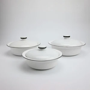 Juego de 3 Cazuela Redonda CorningWare con Tapas Blanco Acanalado Borde Negro - Imagen 1 de 5