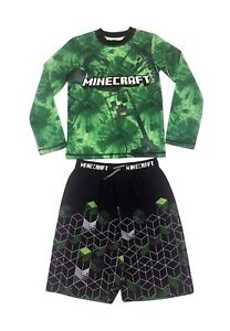 Boy's 2 Pc Minecraft Black Swimsuit Trunks & Green  Rashguard swim shirt size 6