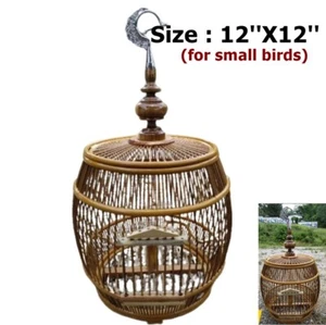 12'' Bamboo Sticks Round Handmade Thai Head Wood Bird Cage Stencil Bamboo with H - Picture 1 of 5