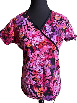 Women’s White Cross Scrub Top Size XSmall V-neck Pink and Purple Floral - Image 1 of 4