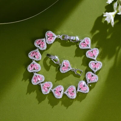 Luxury Silver Plated Cubic Zirconia Heart Chain Tennis Bracelet for Women Bridal Foto 1 de 4