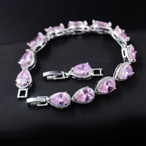 New Waterdrop Cut Charm Pink Topaz Silver Women Jewelry Gifts Gemstone Bracelets