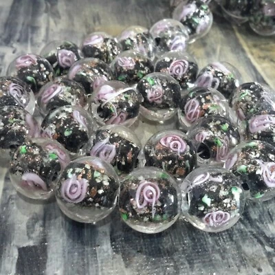 Handmade Gold Sand Lampwork, Inner Flower, 13mm, Black, Appr 28pce Free Post - Image 1 of 4
