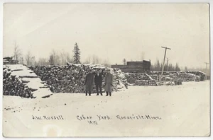 1912 Roosevelt, Minnesota FOTO REAL tala de cedro patios de madera en nieve postal - Imagen 1 de 2