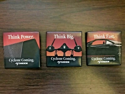 RARE Vintage Tandem Computers "Cyclone Coming." 3 Button Set w/Extra Tandem Pin! - Image 1 of 4