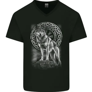 Nordic Wolf Viking Mens V-Neck Cotton T-Shirt - Picture 1 of 3