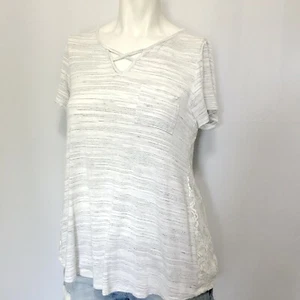TRU SELF Sz M Lace back and side Short sleeve Top Gray Cream - Picture 1 of 7