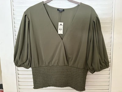 NEW Express Womens Sage Green Blouse V Neck Fitted Crop Waist Medium - Image 1 of 4